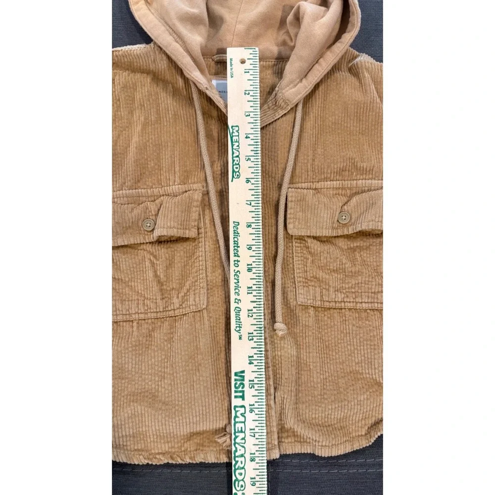 American Eagle Womens S Tan Corduroy Hooded Cropped‎ Button Front Jacket Shacket